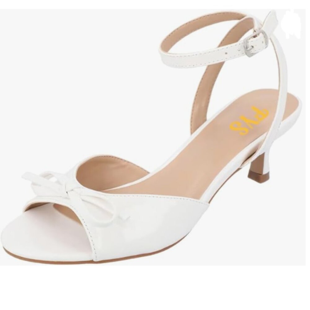 FYS White Open Toe Cross Ankle Strap Sandals Kitten Heels Bowknot Date Shoes